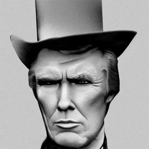 Image similar to an 1 8 0 0 s photo of donald trump playing the role of clint eastwood, squinting at high noon, in the style of a clint eastwood movie, the good, the bad and the ugly, distinguished, clint eastwood, vibe, glory days, mount rushmore, stern, resolve, formal, justice, american flag, independence, patriotism, symmetry, centered, balance