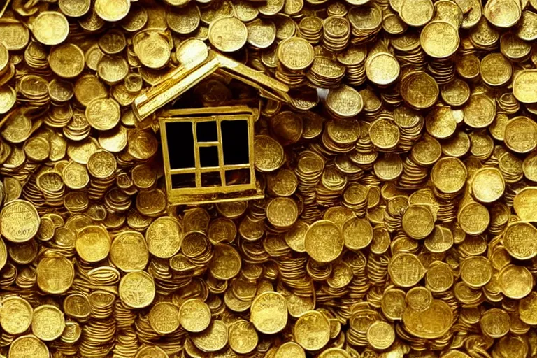 Image similar to a house, made of gold, under construction, tiny men working, with piles of coins around it