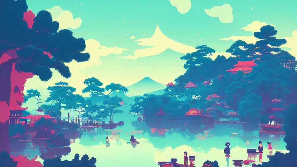 Image similar to japanese village, fruit market, trees, and lake, by anton fadeev