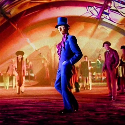 Prompt: stunning awe inspiring david bowie playing willy wonka, movie still 8 k hdr atmospheric lighting