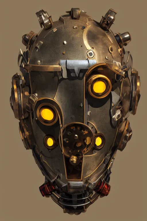 Image similar to steampunk mask minimalist fantasy art robot ninja helmet, global illumination ray tracing hdr fanart arstation by sung choi and eric pfeiffer and gabriel garza and casper konefal radiating a glowing aura