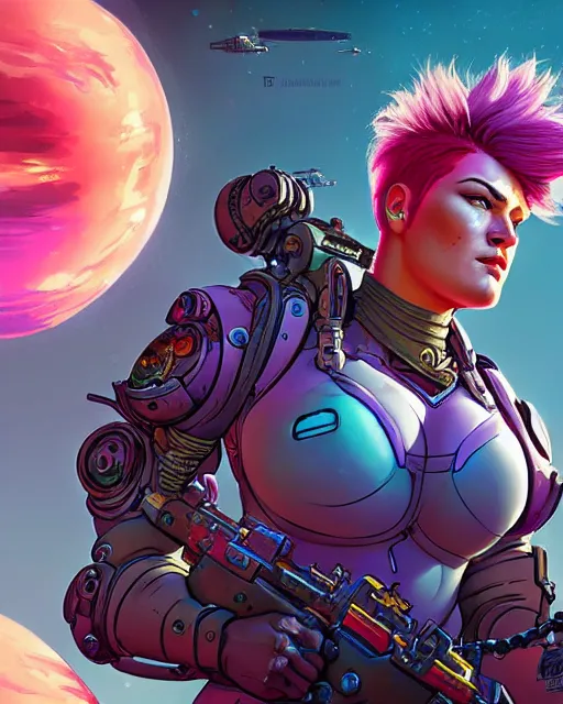 Image similar to zarya from overwatch, character portrait, portrait, close up, concept art, intricate details, highly detailed, vintage sci - fi poster, retro future, in the style of chris foss, rodger dean, moebius, michael whelan, and gustave dore