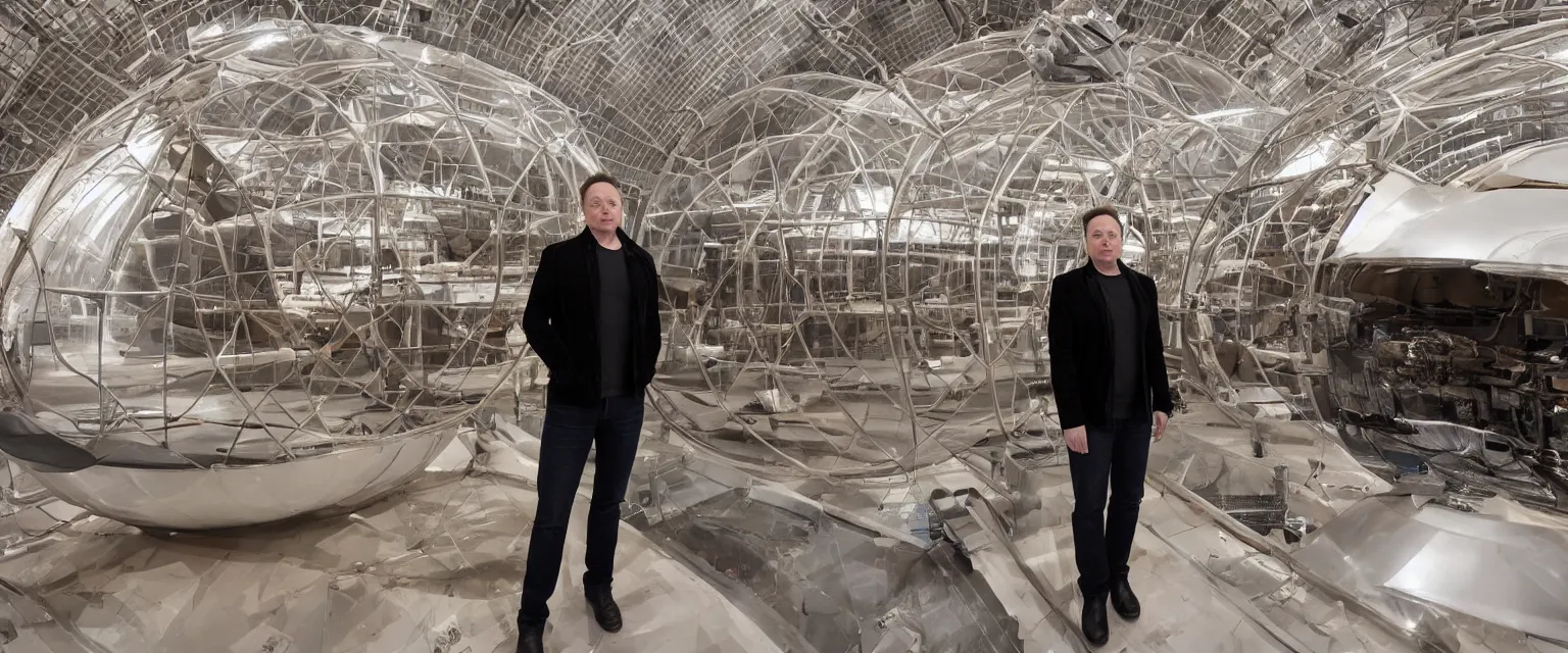 Prompt: elon musk standing on mars in a bio dome with a stainless steal star ship behind him