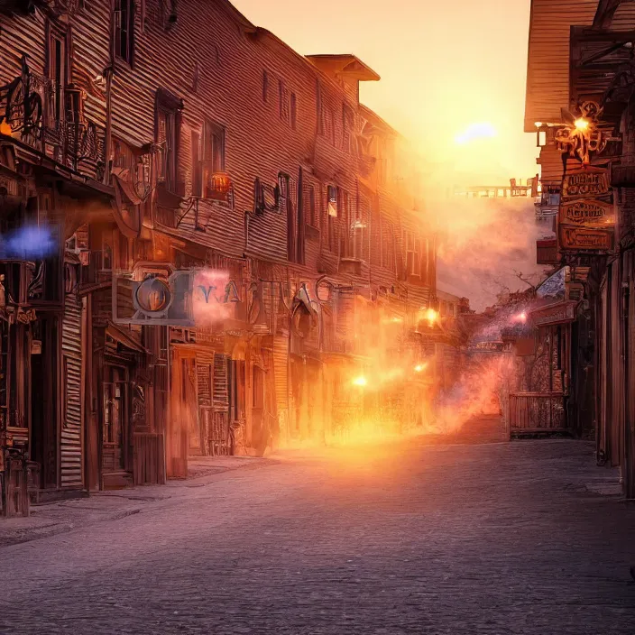 Prompt: a sunset light historical wild west empty street, duel between two cowboys, lots of sparkling details and sun ray's, blinding backlight, smoke, volumetric lighting, colorful, octane, 3 5 mm, saloon exterior, empty old town street, beautiful epic colored reflections, very colorful heavenly, softlight