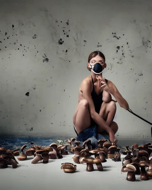 Image similar to beautiful model wears a breathing mask while scrubbing the floor of of room covered in Mushrooms, and indigo house mice, photorealistic and surreal