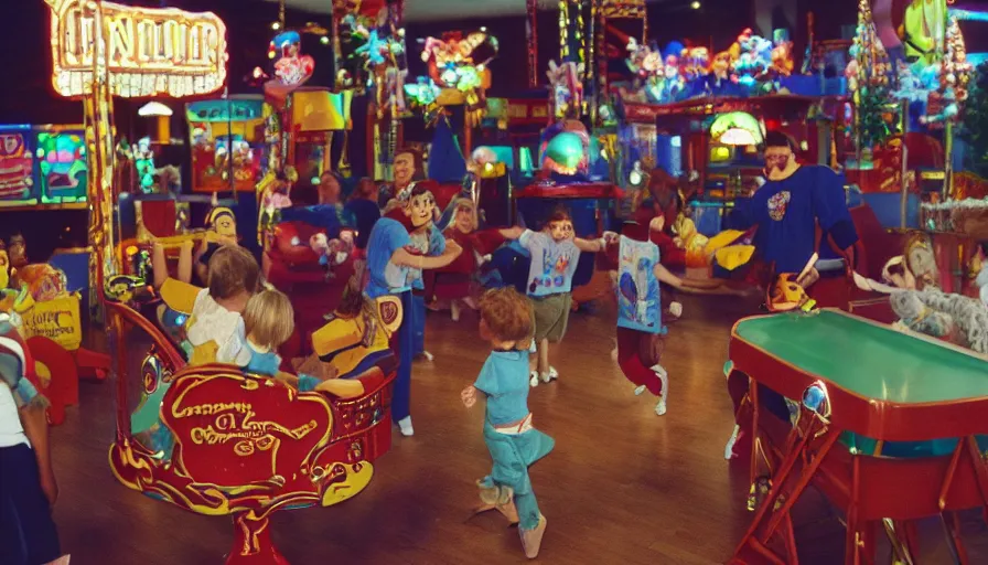 Image similar to 1990s candid 35mm photo of a beautiful day in the living room, cinematic lighting, cinematic look, golden hour, a miniature amusement park in the living room, kids dance and point at the roller coaster in the living room, small mascots run around the room, UHD