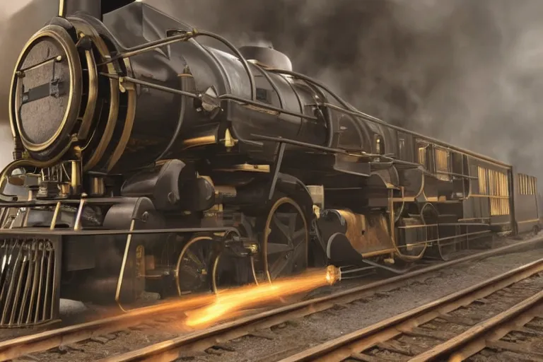 Image similar to still photo of the invention of steam engine, highly detailed, photorealistic shot, bright studio setting, studio lighting, crisp quality and light reflections, unreal engine 5 quality render