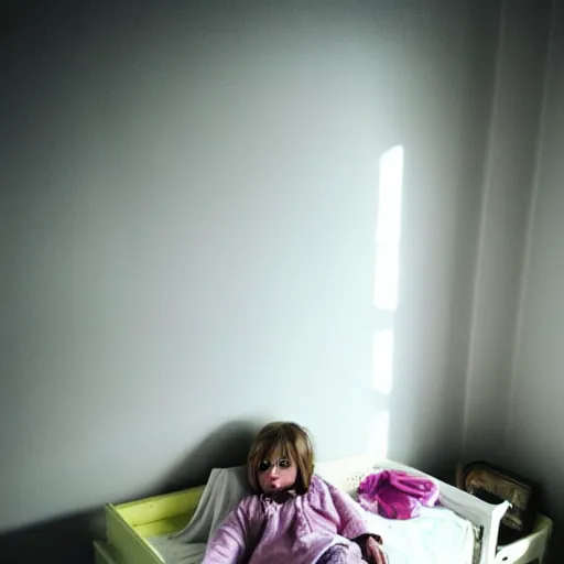 Image similar to dark child room, creepy light, sleeping child, scary eyes under the bed, poor quality photography - H 768