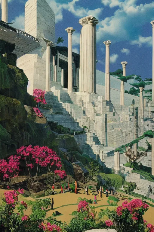 Image similar to mecha robot, hanging gardens of babylon, temple of artemis at ephesus, waterfalls, blooming hills with spring flowers and pillars by helen lundeberg