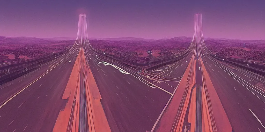 Image similar to “American highway in the style of Beeple and moebius, commercial, distortion, McDonald’s, Elon musk”