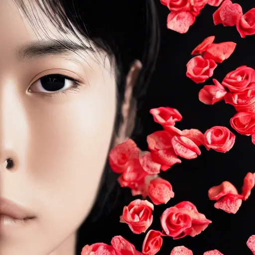 Prompt: made by naoto hatorri, beautiful woman covered in tiny rose petals, closeup portrait shot, hyper - detailed, 4 k concept art, smooth, sharp focus. - h 7 6 8