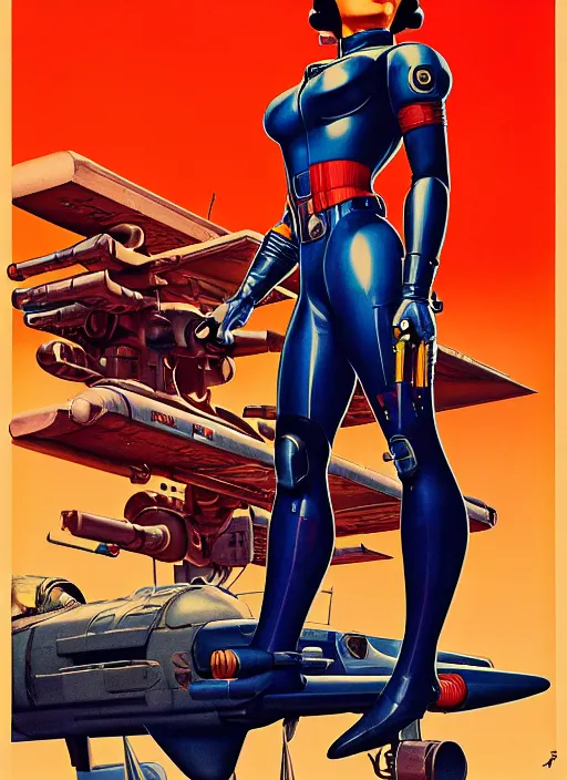 Prompt: american propaganda poster. powerful cyberpunk pilot. portrait by jean giraud and anton otto fischer and john philip falter and will eisner and gil elvgren and pixar. full body. realistic proportions. science fiction d & d. overwatch, rb 6 s, cyberpunk 2 0 7 7, blade runner 2 0 4 9. cel shading. thick lines.
