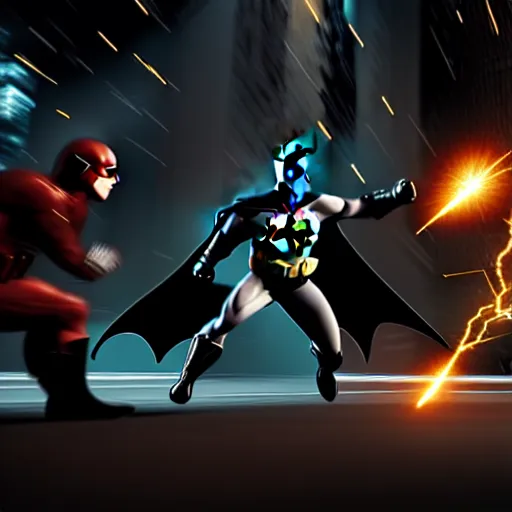 Image similar to ultra detailed picture of a fight where batman is against the flash, unreal engine, extremely detailed, epic, dark, highly realistic, spiritual masterpiece, beautiful, ultra hd