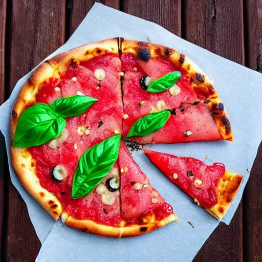 Prompt: pizza made from watermelon with seeds