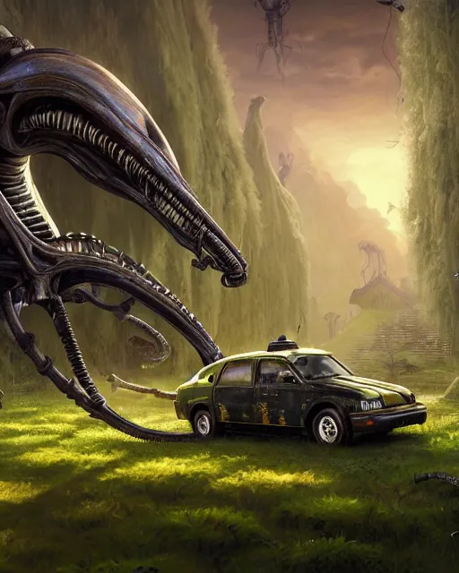 Image similar to xenomorph taxi car in a fantasy village, calming, uplifting mood, ultra realistic, farm, small buildings, highly detailed, atmosphere, masterpiece, epic lighting, elves, green plants, magic, illuminated, 4 k, cinematic, morning sun, art by eddie mendoza and sylvain sarrailh and jonathan berube