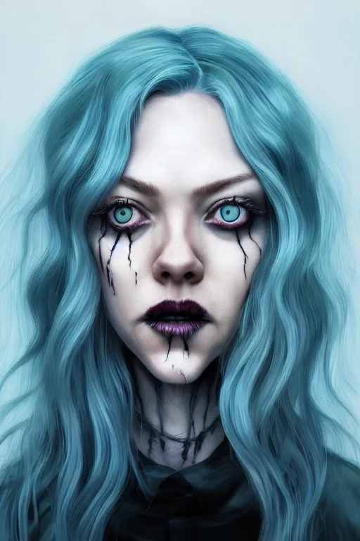 Prompt: portrait of Amanda Seyfried as a creepy horror girl with blue hair , nightmare fuel. terrifying. by Tooth Wu, wlop, dan mumford , trending on artstation, greg rutkowski very coherent symmetrical artwork. cinematic, hyper realism, high detail, octane render, 8k