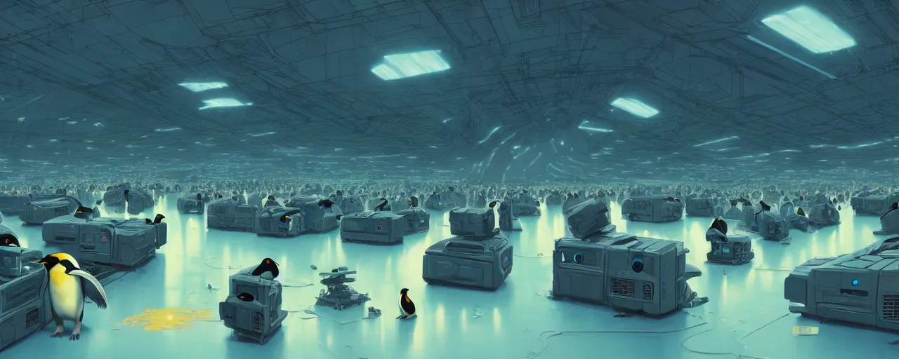 Image similar to duotone concept illustration of emperor penguins in scifi room full of computers. cinematic scene. volumetric lighting. golden ratio accidental renaissance. by sachin teng and sergey kolesov and ruan jia and heng z. graffiti art, scifi, fantasy, hyper detailed. octane render. concept art. trending on artstation