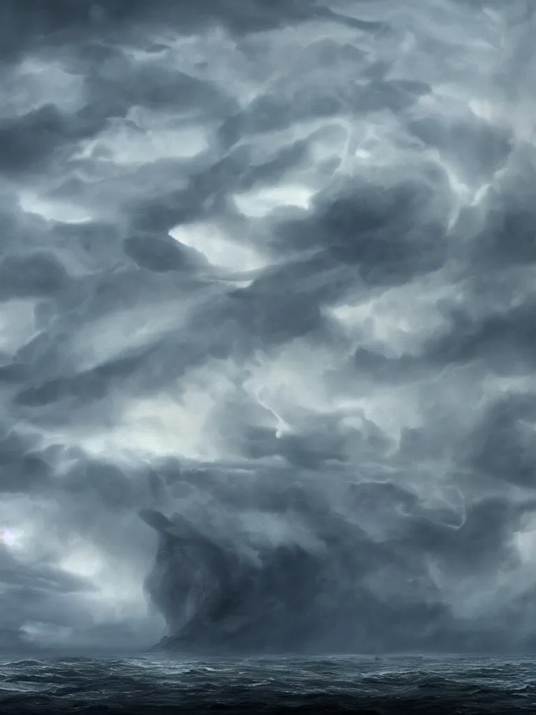 Image similar to Cthulhu rising from a stormy sea, towering over the coastline during a thunderstorm, dramatic, ominous clouds, ground mist, featured on artstation, 4k