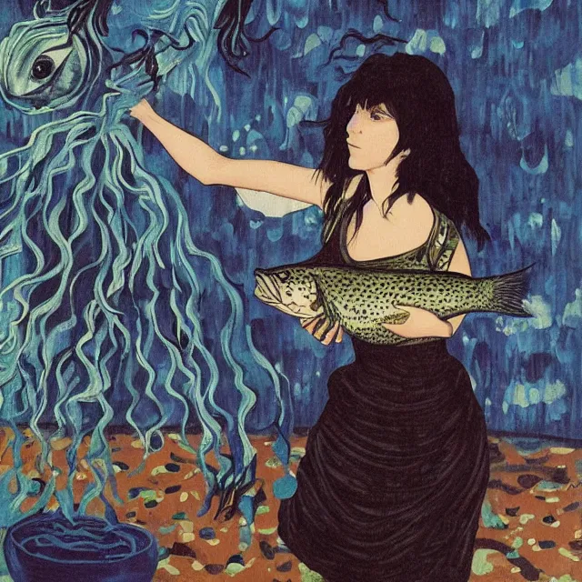 Prompt: tall emo female artist holding a large fish in her flooded kitchen, seaweed, pomegranates, octopus, water gushing from ceiling, painting of flood inside an artist's apartment, a river flooding indoors, ikebana, zen, rapids, waterfall, black swans, canoe, berries, acrylic on canvas, surrealist, by magritte and monet