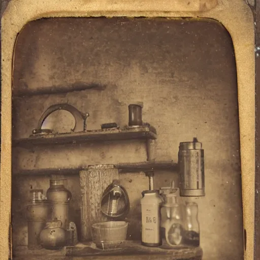 Prompt: Tintype photograph of found objects displayed in an ethnographic museum, archive material, anthropology, 1920s studio lighting.