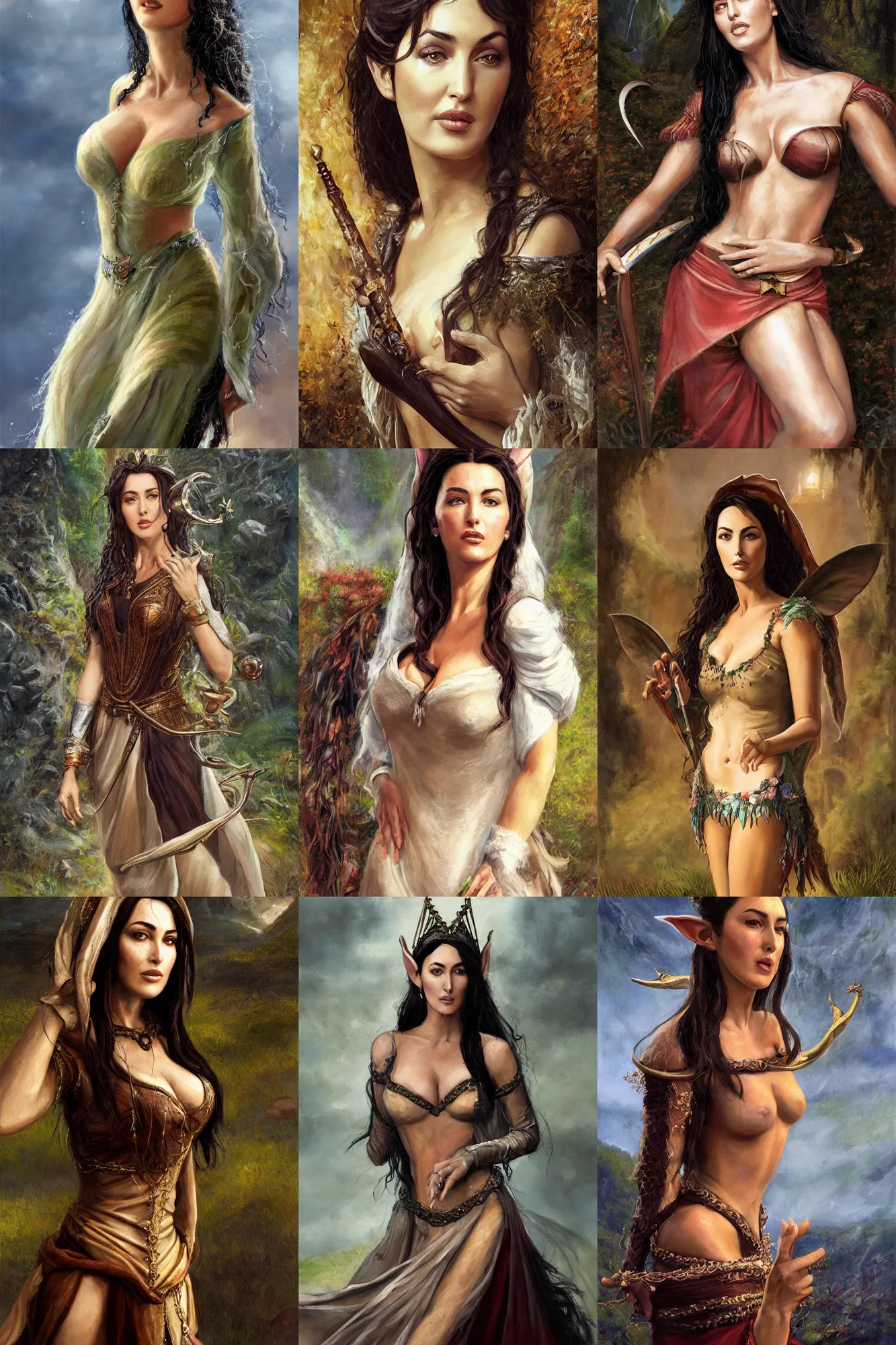 Image similar to a full body high detail fantasy portrait oil painting illustration of young monica bellucci as a beautiful sophisticated singing bard elf by justin sweet with face and body clearly visible, in a scenic background, pupils visible, realistic proportions, d & d, rpg, forgotten realms, artstation trending, high quality, sombre mood, artstation trending, muted colours, entire person visible!