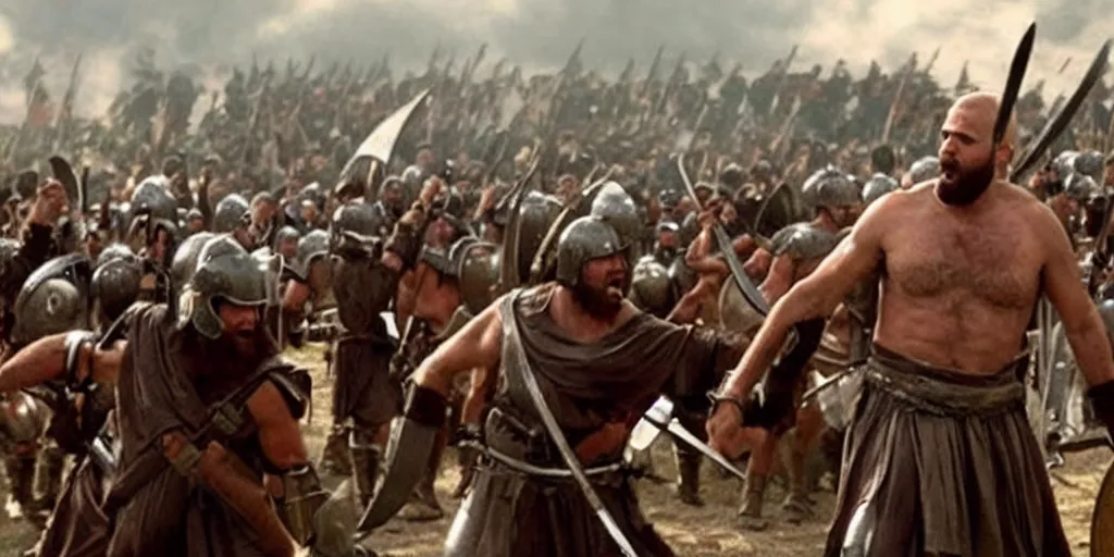 Image similar to Bernie Sanders as Leonidas, with Leonidas beard, leading Spartans into battle at Battle of Thermopylae, in screenshot from the 300 movie