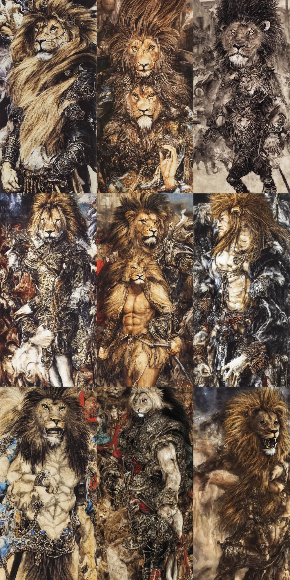 Image similar to 8 k yoshitaka amano painting of upper body of a young cool looking lion beastman with white mane at a medieval market at windy day. depth of field. he is wearing complex fantasy clothing. he has huge paws. renaissance style lighting.