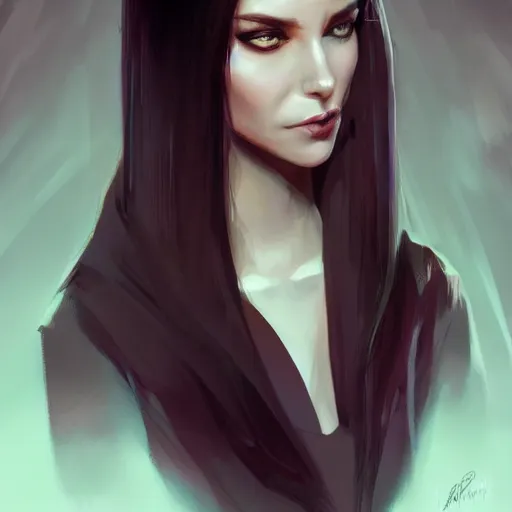 Image similar to portrait of a young woman, long dark hair and an angular face with a scar across the chin. daring and bold, con - artist and spy, beautiful, rpg, dnd, artgerm