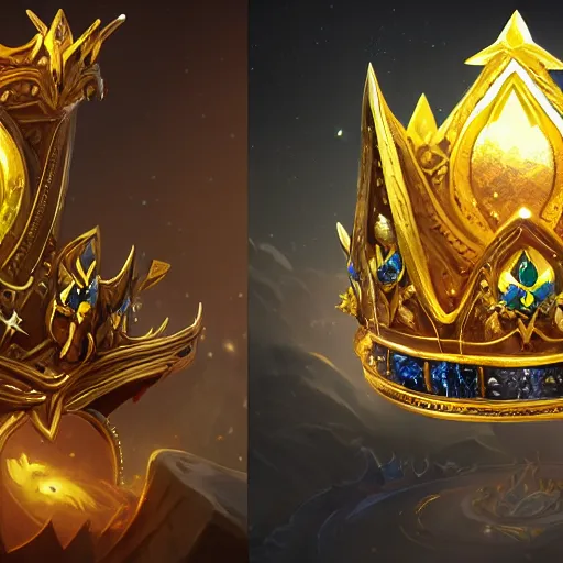 Image similar to a golden majestic crown with gemstone carved into it, floating crown, yellow theme, bright art masterpiece artstation. 8 k, sharp high quality artwork in style of jose daniel cabrera pena and greg rutkowski, concept art by tooth wu, blizzard warcraft artwork, hearthstone card game artwork, the crown