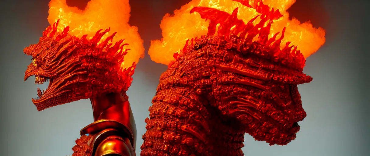 Image similar to hyperrealist highly detailed english medieval portrait of high fashion monster wearing flame fire smoke flame armor, radiating atomic neon corals, concept art pascal blanche dramatic studio lighting 8k wide angle shallow depth of field