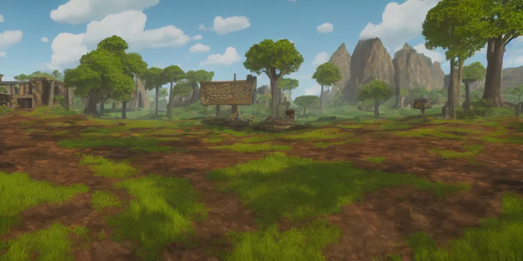 Prompt: hyrule land by scott robertson, depth of field, made in unreal engine, video game hud