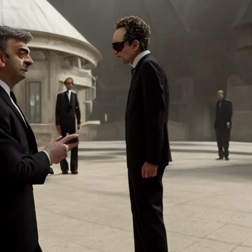 Image similar to Confused Rowan Atkinson as an MiB agent looking at a bizzare alien in the new Men in Black movie