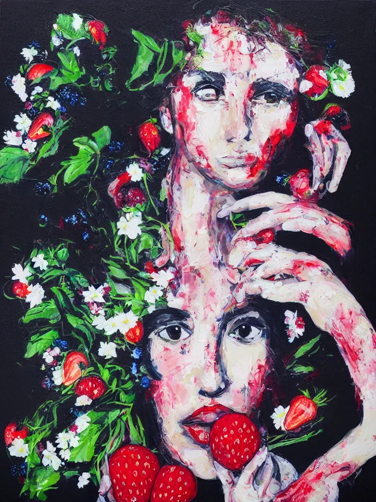 Prompt: “organic, portrait of a woman wearing white silk, neoexpressionist, eating luscious fresh raspberries and strawberries and blueberries, edible flowers, black background, acrylic and spray paint and wax and oilstick on canvas”
