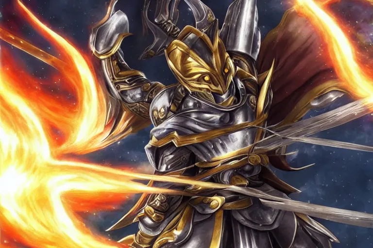 Image similar to an ultra detailed portrait of saladin as a shonen anime protagonist charging into battle wearing bright gold armor and huge flaming longsword blessed by god, epic anime fantasy, 8 k, volumetric lighting, smooth, highly detailed, digital illustration, art by kentaro miura and akira toriyama and artgerm