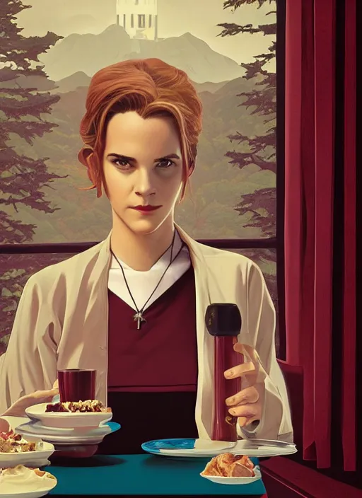 Prompt: Twin Peaks poster artwork by Michael Whelan and Tomer Hanuka, Rendering of Emma Watson dressed a nun sitting at a diner booth, full of details, by Makoto Shinkai and thomas kinkade, Matte painting, trending on artstation and unreal engine