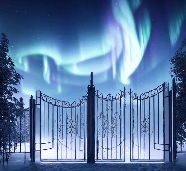 Image similar to a very detailed concept art of intricate and scandinavian white gates to aurora borealis, trending on artstation, symmetry, digital art, 4 k, hyper realistic, octane render, sharp focus