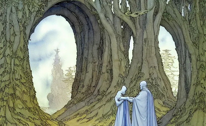 Image similar to a hyperrealist watercolour concept art of a dimensional time portal in the shape of an arch of trees. a medieval monk in grey robes is in the foreground. by rebecca guay, michael kaluta, charles vess and jean moebius giraud. high detail, hq, wide shot, 4 k