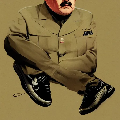 Image similar to adolf hitler wearing nike sneakers, 9 0's rap video clip, hyperrealism, sharp focus, 4 k resolution, ultra detailed, style of ron cobb, adolf hiremy - hirschl, syd mead, ismail inceoglu, rene margitte