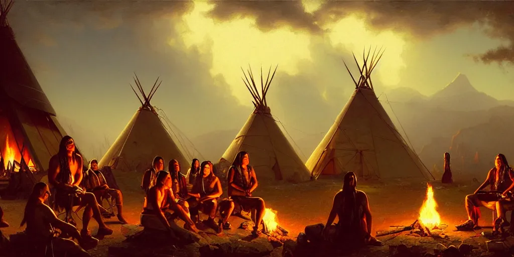 Image similar to a group of some native americans and their cyborgs sitting together at a fire in front of some tipis, beatiful mountain background, cyberpunk, by albert bierstadt, by greg rutkowski, highly detailed, warm lightning, digital painting