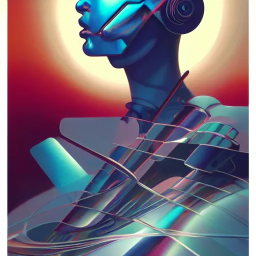 Image similar to scifi futurism automaton minimalism chrome by peter mohrbacher art Hajime Sorayama airbrush hyperrealism model abstract shatter fragments cubism futurism pastel blue soft flat minimal minimalism portrait face jackson pollock ukiyo-e lithograph mark ruthko swirl escape noise shimmer glow paint