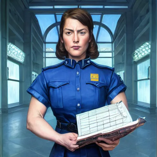 Prompt: epic portrait a slightly muscular woman wearing short sleeved uniform in blue and carrying a construction plan blueprint, detailed, centered, digital painting, artstation, concept art, donato giancola, Joseph Christian Leyendecker, WLOP, Boris Vallejo, Breathtaking, 8k resolution, extremely detailed, beautiful, establishing shot, artistic, hyperrealistic, beautiful face, octane render