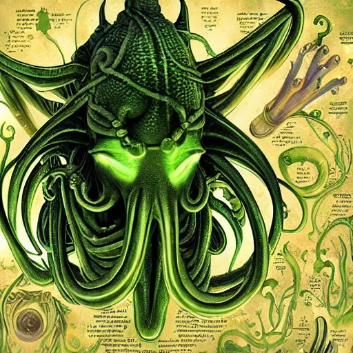 Image similar to cthulhu in culture capsule, bio chemical illustration, hyperealistic detailed photography, divinity, awful, religious art, sci - fi, green light