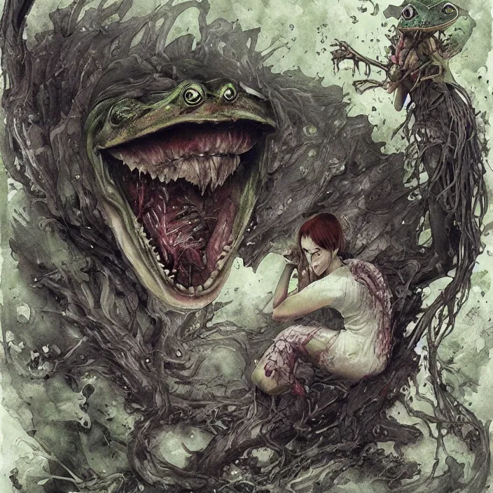 Image similar to Carnivore godlike fairy eating a frog alive, Junji Ito and Greg rutkowski