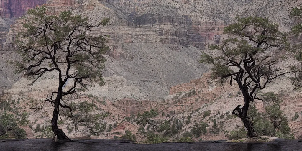 Prompt: single maple tree growing in grand canyon, stream, nadav kander, highly detailed, masterpiece