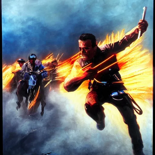 Image similar to the battle of the little bighorn in terminator 2 ( t 2 ). oil on canvas, majestic sweeping action, dramatic lighting, cinematic lighting, hyperdetailed, artstation, cgsociety, 8 k, 4 k.