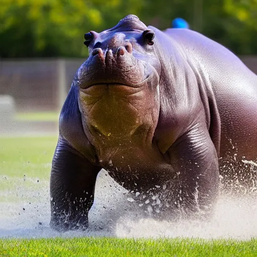 Prompt: a hippopotamus rampaging through sports crowd.