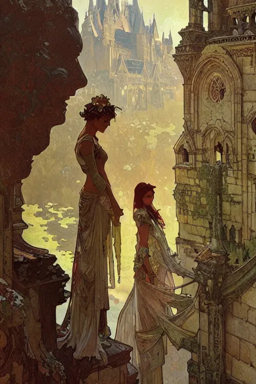 Image similar to An ancient castle, fantasy, painting by greg rutkowski and alphonse mucha