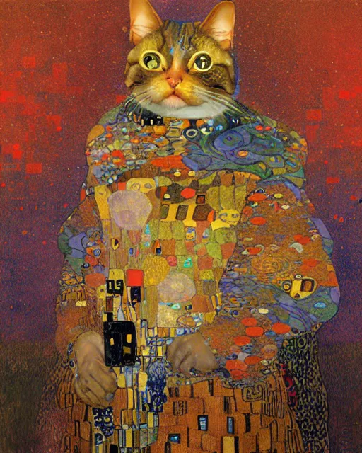 Image similar to adventurer cat portrait an oil painting splashes with many colors and shapes by gustav klimt greg rutkowski and alphonse mucha, polycount, generative art, psychedelic, fractalism, glitch art