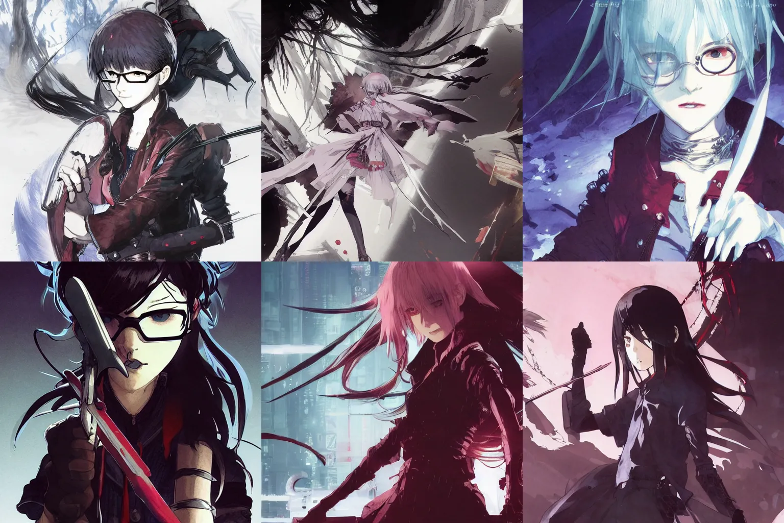 Prompt: 4k concept art of a vampire girl with round glasses, holding a knife, drawn by akihiko yoshida and tsutomu nihei and makoto shinkai and wadim kashin and john berkey and yoji shinkawa