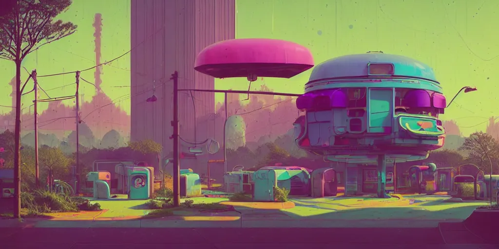 Image similar to 80s outdoor retro arcade, 80s color scheme, retro, pastel colors, desolate, lush vegetation, snow, moody:: by Simon Stålenhag and beeple and James Gilleard and Justin Gerard :: ornate, dynamic, particulate, intricate, elegant, highly detailed, centered, artstation, smooth, sharp focus, octane render, 3d